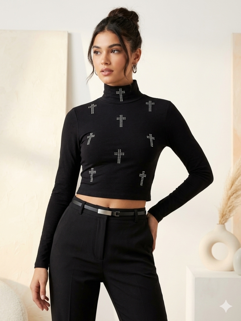New Rue 21 Women's Black Studded Cross Mock Neck Crop Top Size S S.all